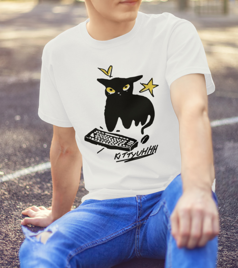 Kittyuhhh Cat At Keyboard With Yellow Eyes And Stars T-Shirt