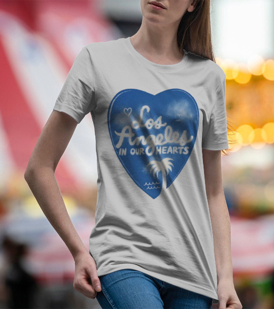 Los Angeles In Our Hearts Blue Heart With Palm Tree And Waves T-Shirt