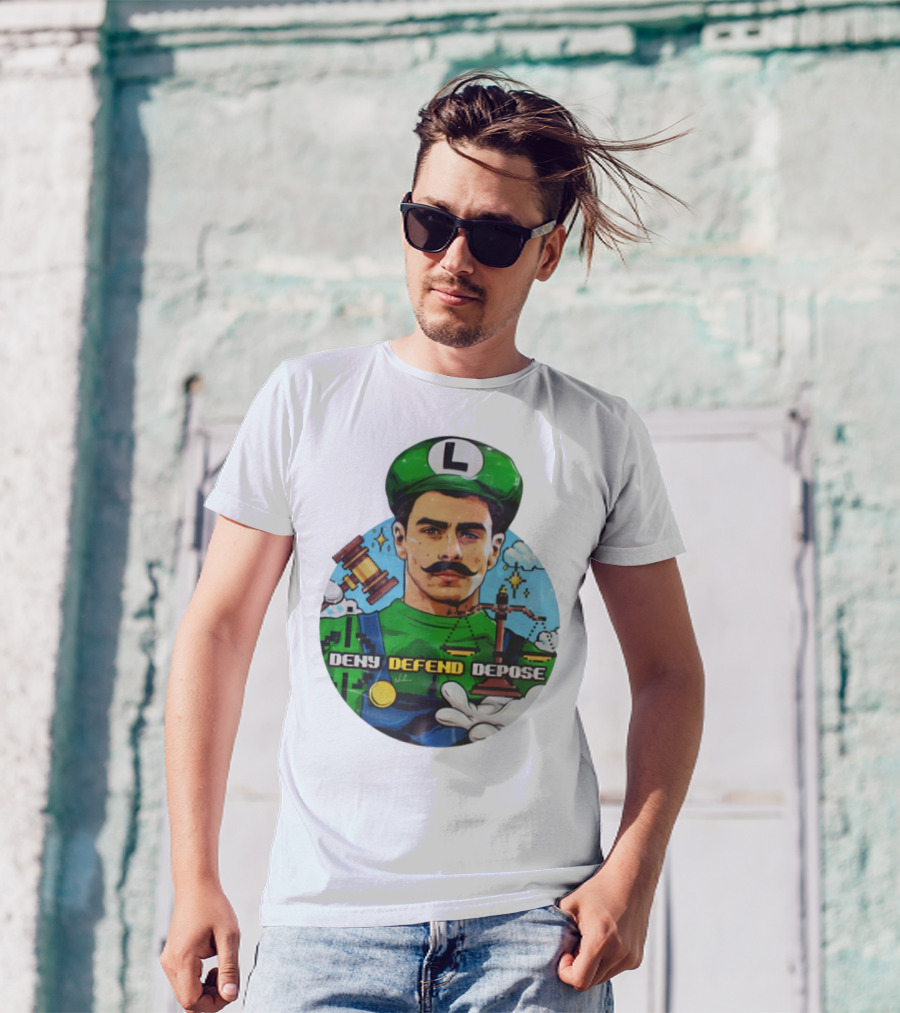 Luigi Mangione Deny Defend Depose Mario Bros Inspired Courtroom Adventure T-Shirt