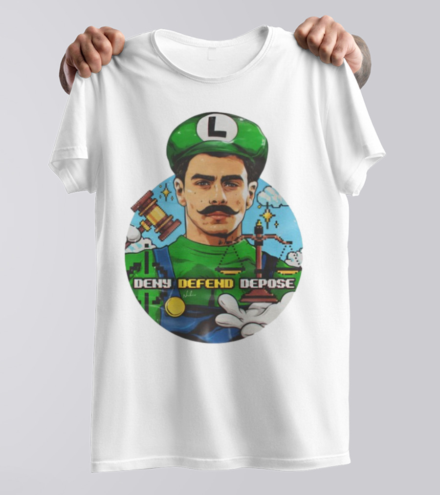 Luigi Mangione Deny Defend Depose Mario Bros Inspired Courtroom Adventure T-Shirt