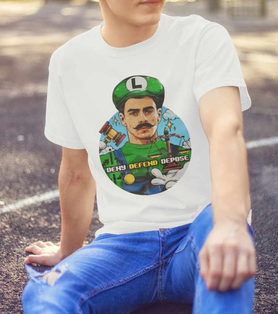 Luigi Mangione Deny Defend Depose Mario Bros Inspired Courtroom Adventure T-Shirt