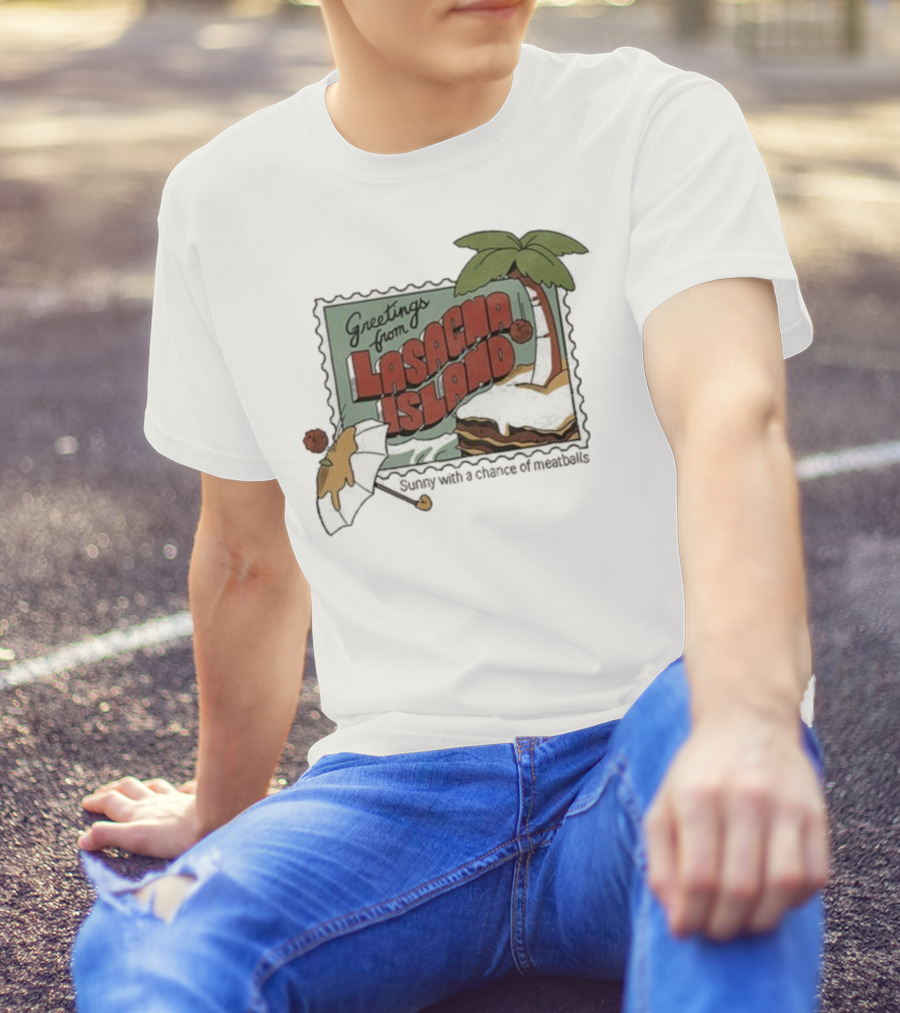 Greetings From Lasagna Island Sunny With A Chance Of Meatballs Palm Tree Umbrella Scene T-Shirt