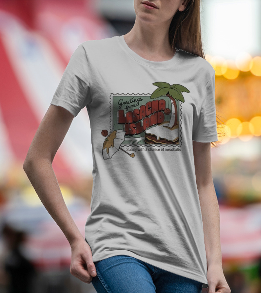 Greetings From Lasagna Island Sunny With A Chance Of Meatballs Palm Tree Umbrella Scene T-Shirt