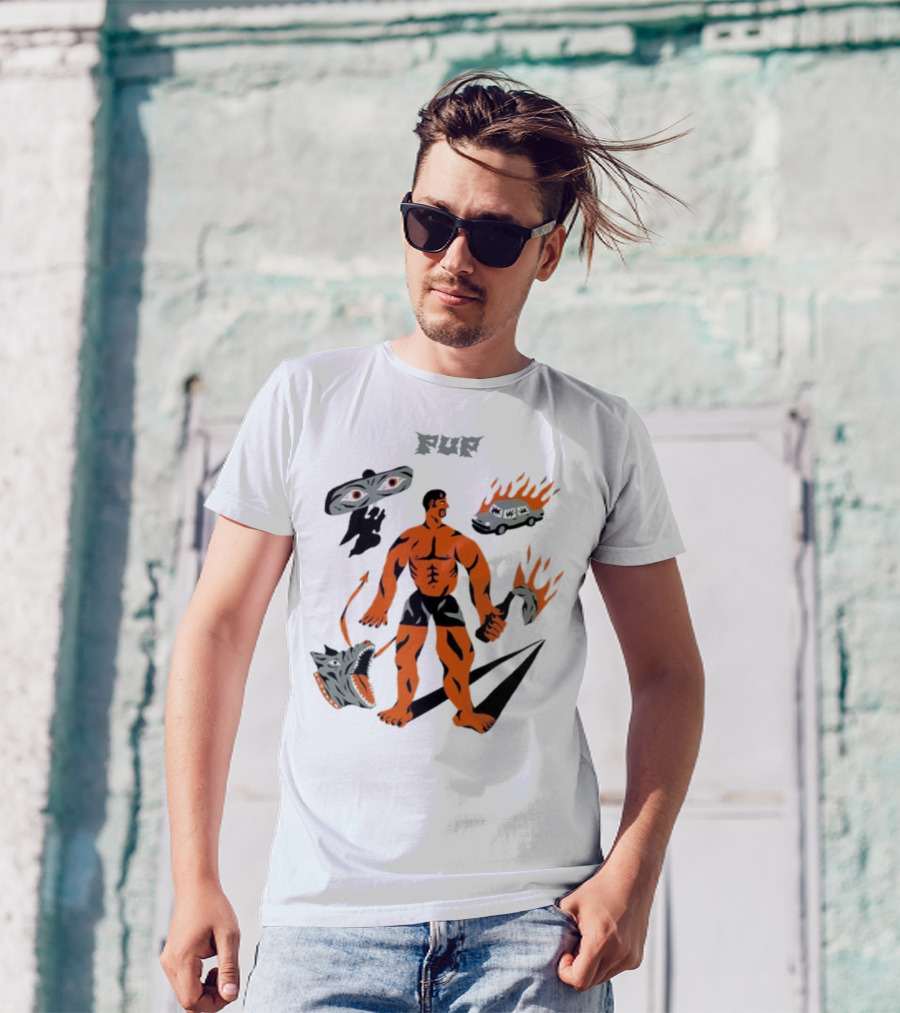 Pup Muscle Man Flaming Car And Wolf T-Shirt