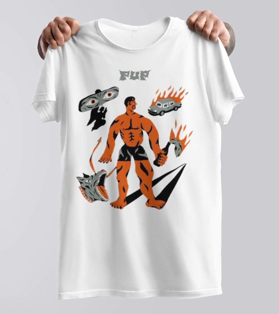 Pup Muscle Man Flaming Car And Wolf T-Shirt