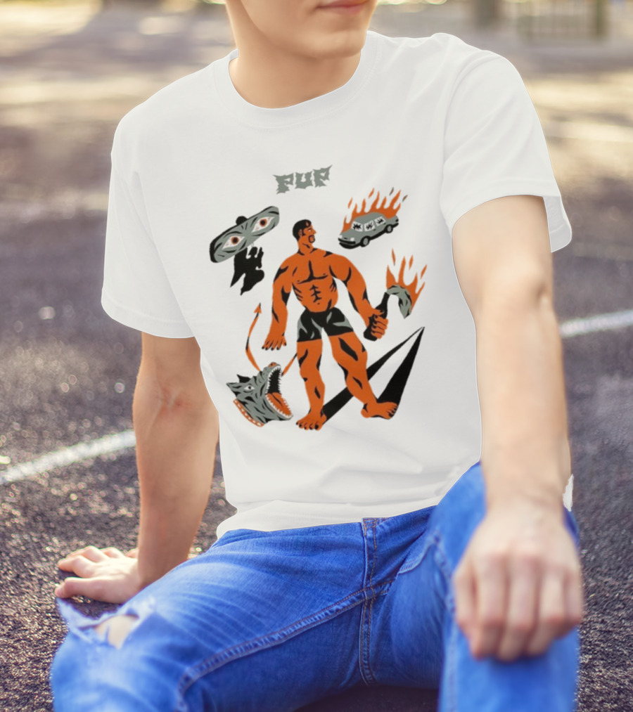 Pup Muscle Man Flaming Car And Wolf T-Shirt