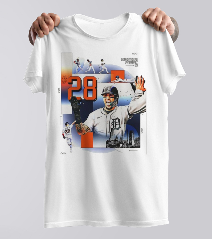 Javier Báez Detroit Tigers Number 28 Baseball Action High Five Urban Skyline T-Shirt