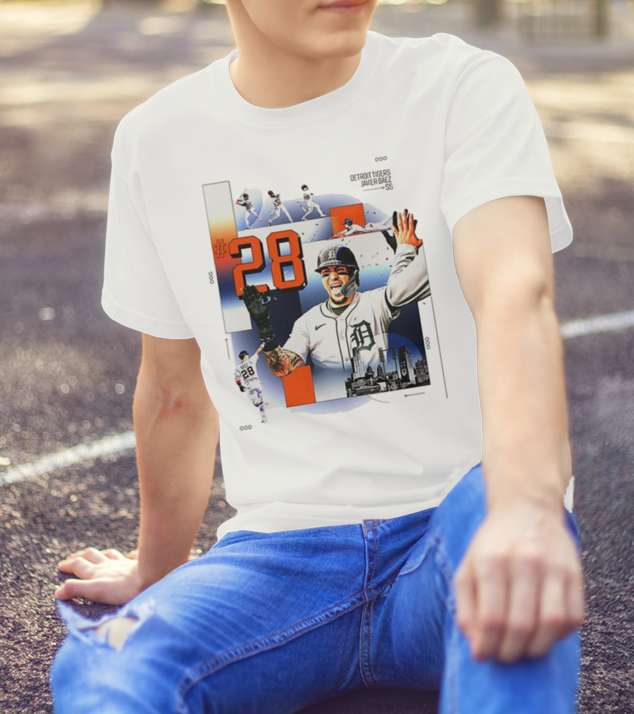 Javier Báez Detroit Tigers Number 28 Baseball Action High Five Urban Skyline T-Shirt
