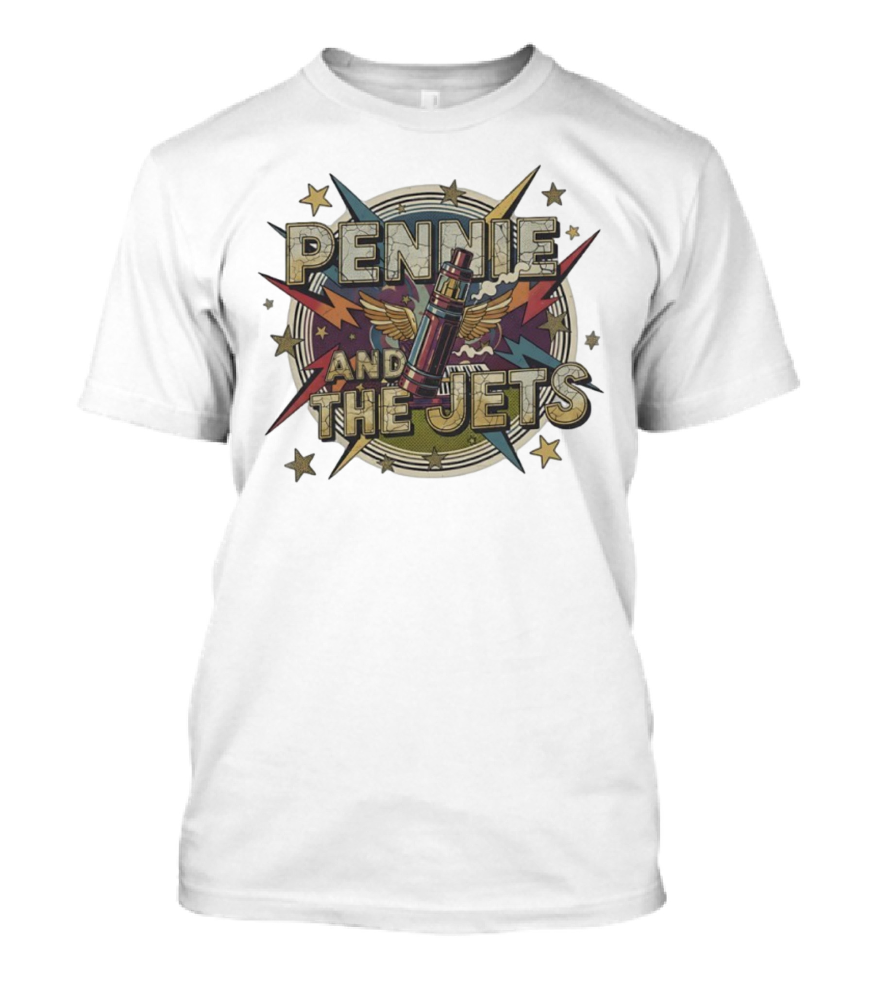 Pennie And The Jets Retro Style Music Rocket Winged Stars T-Shirt