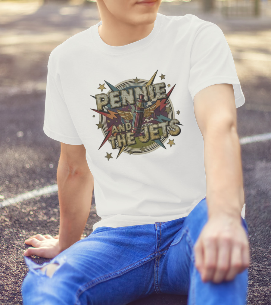 Pennie And The Jets Retro Style Music Rocket Winged Stars T-Shirt