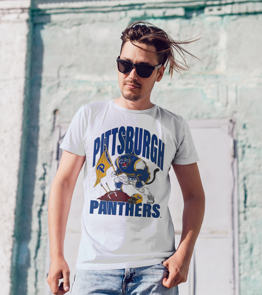 Pittsburgh Panthers Pitt Mascot Planting Flag Football Helmet T-Shirt
