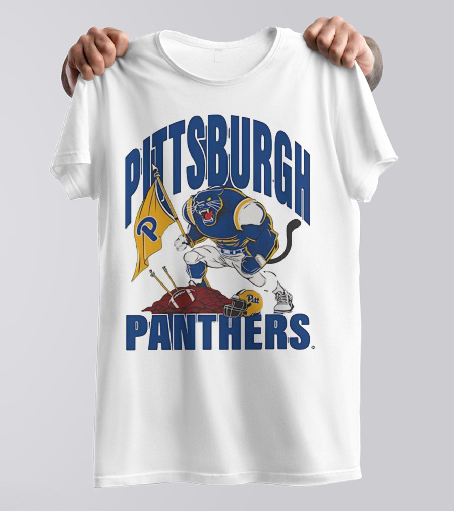 Pittsburgh Panthers Pitt Mascot Planting Flag Football Helmet T-Shirt