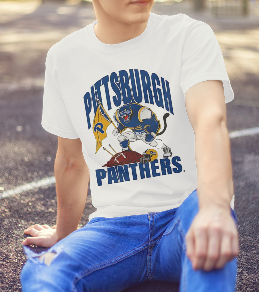Pittsburgh Panthers Pitt Mascot Planting Flag Football Helmet T-Shirt