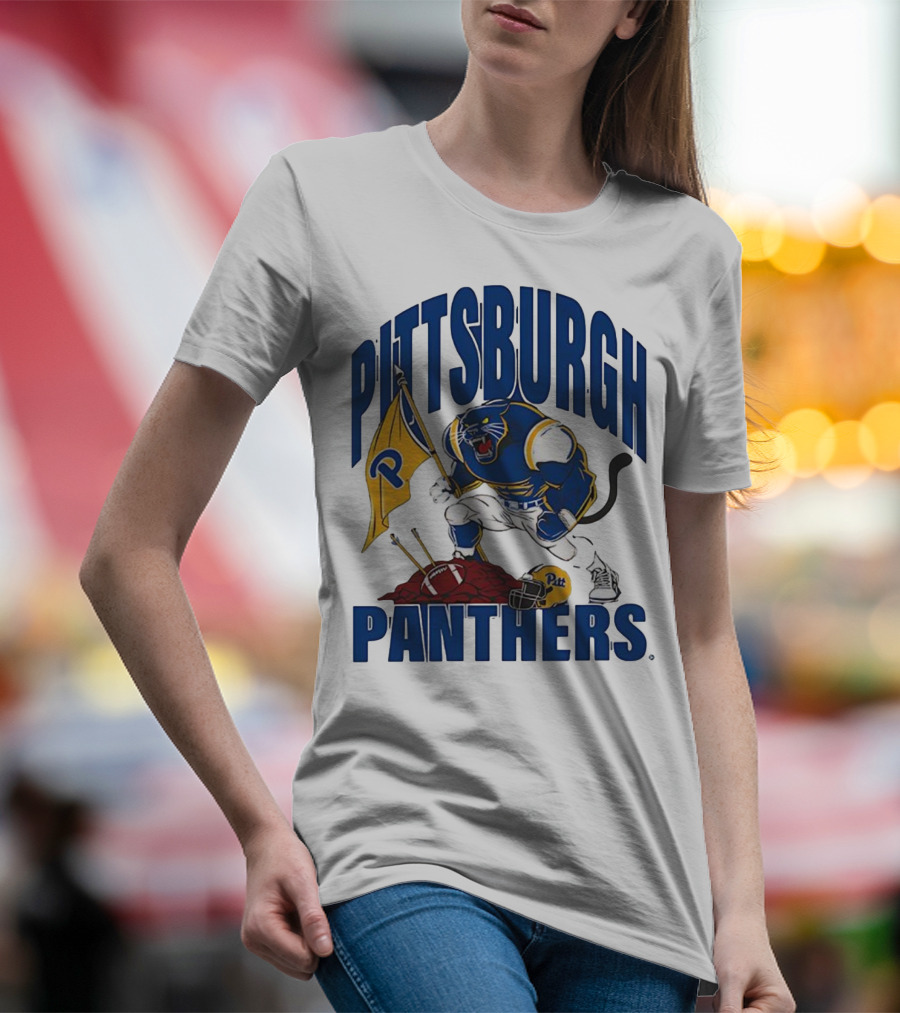 Pittsburgh Panthers Pitt Mascot Planting Flag Football Helmet T-Shirt