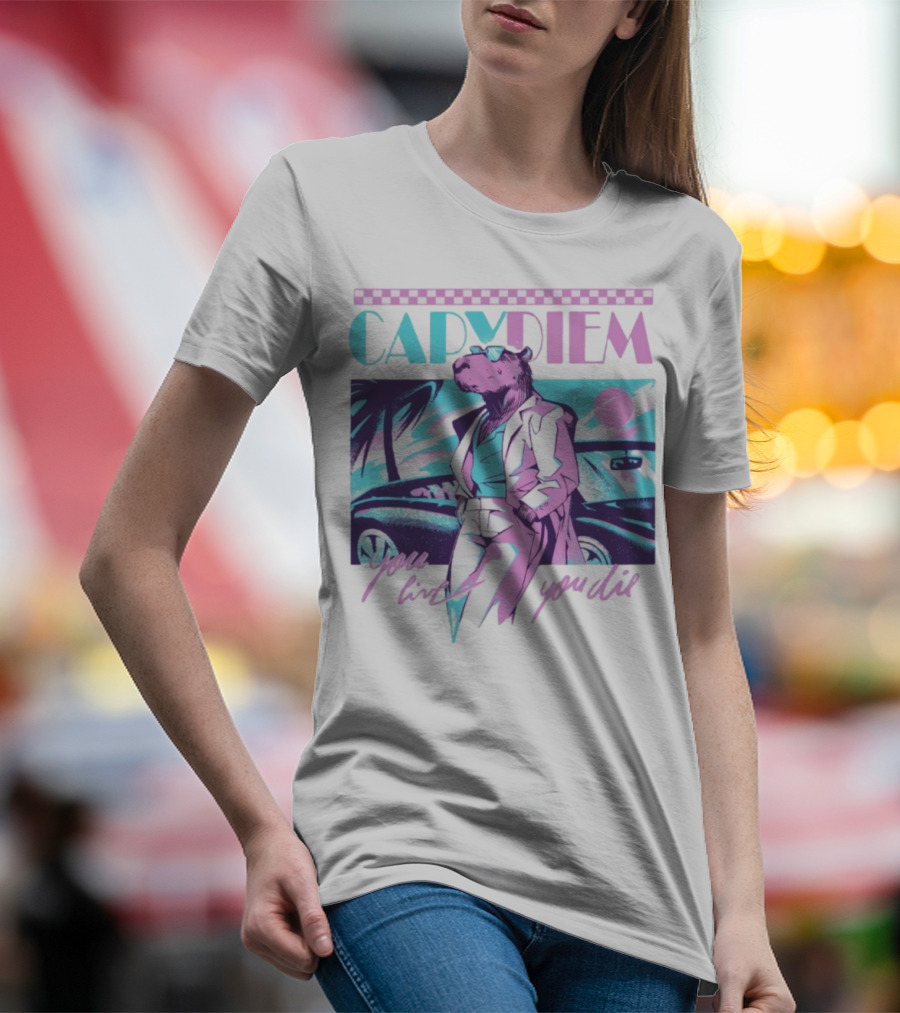 Capydiem Retro Cool Capybara You Live You Die 80s Aesthetic T-Shirt
