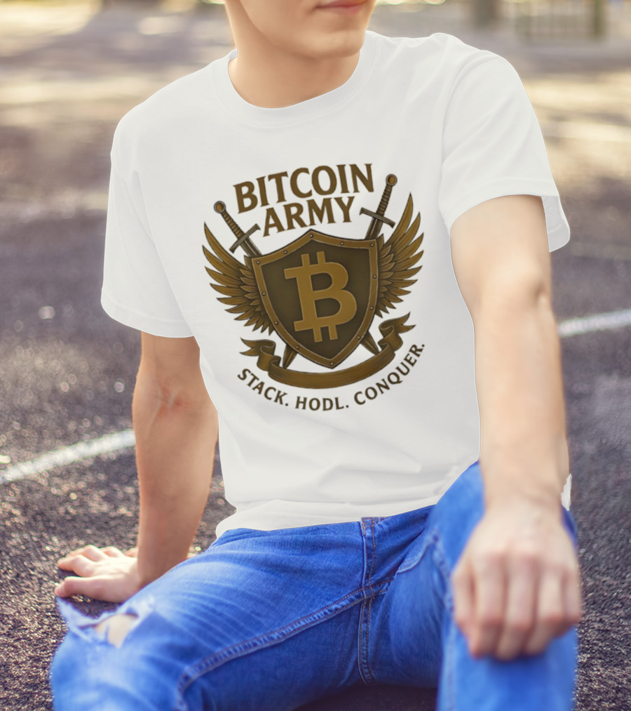 Bitcoin Army Shield Stack Hodl Conquer Crypto Warriors T-Shirt