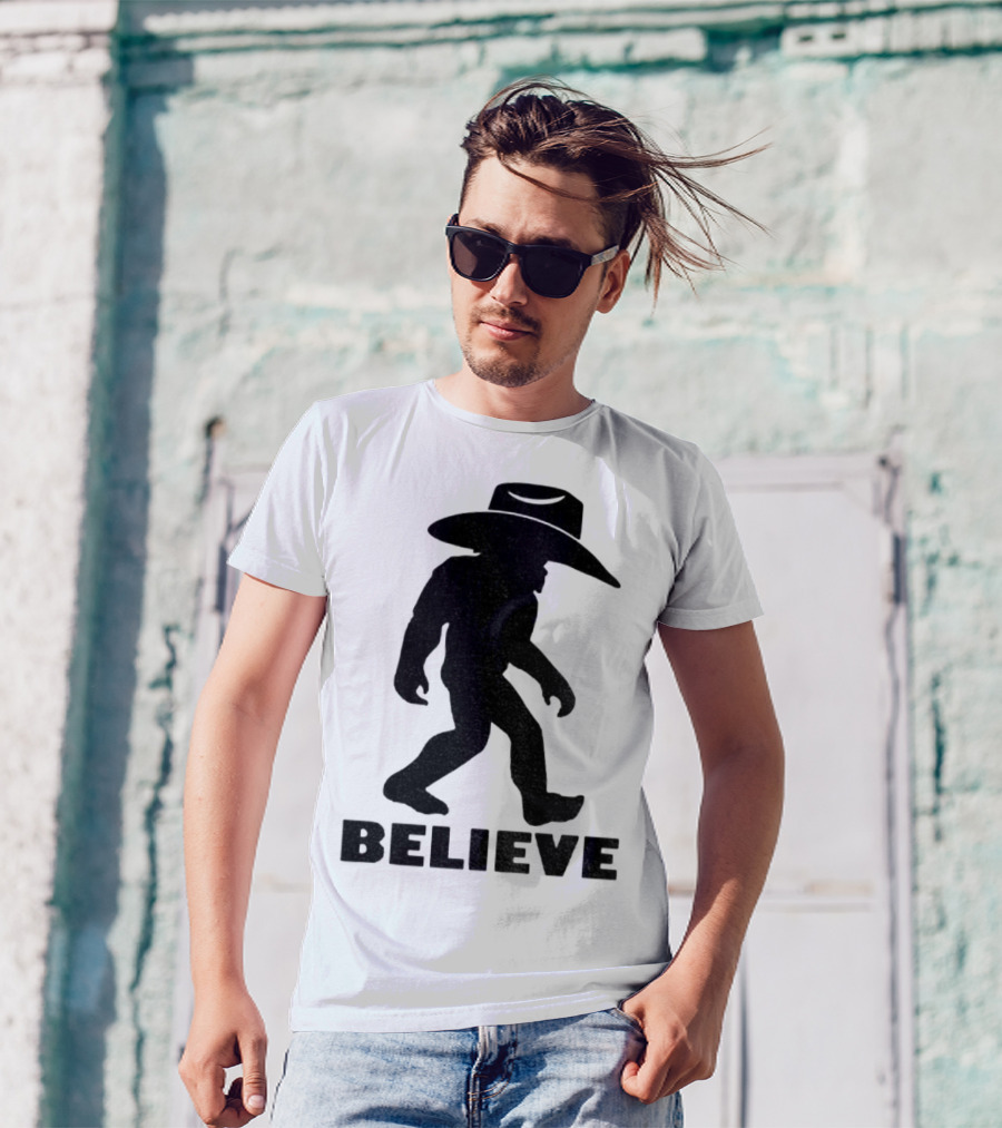 Believe Bigfoot Cowboy Hat Western Myth Legend T-Shirt