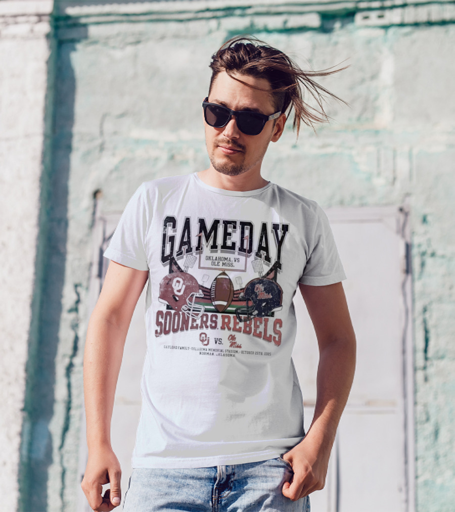 Gameday Oklahoma Sooners Vs Ole Miss Rebels Gaylord Family Oklahoma Memorial Stadium Football Helmets T-Shirt