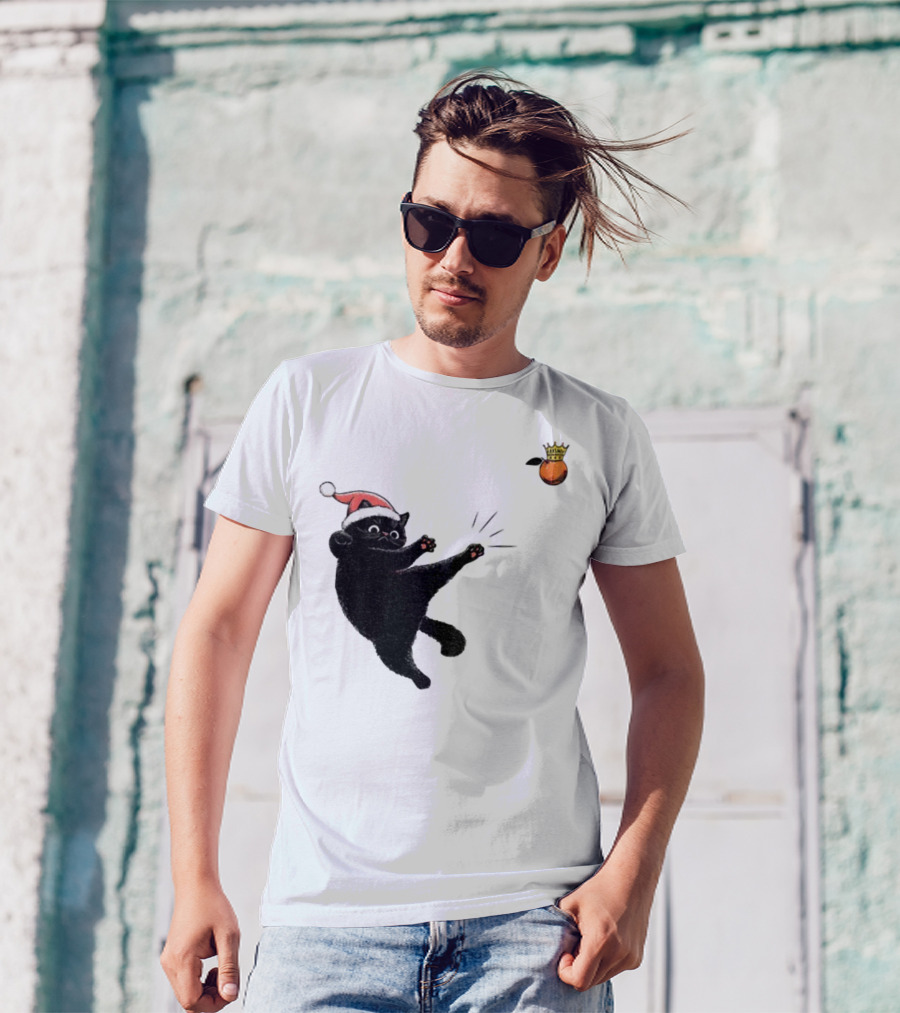 Black Cat Santa Hat Kicking Crowned Orange No Kings Christmas Anti-Trump T-Shirt