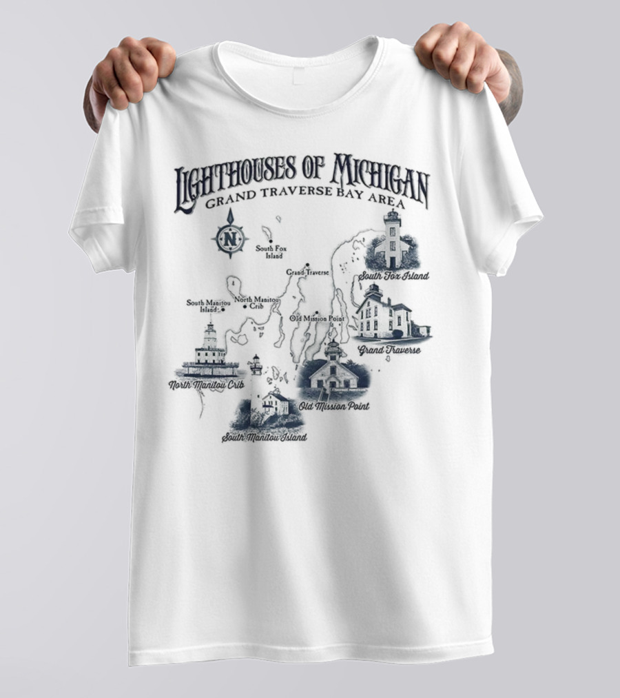 Lighthouses Of Michigan Grand Traverse Bay Area White Shoal South Fox Island Old Mission Grand Traverse South Manitou Northport T-Shirt