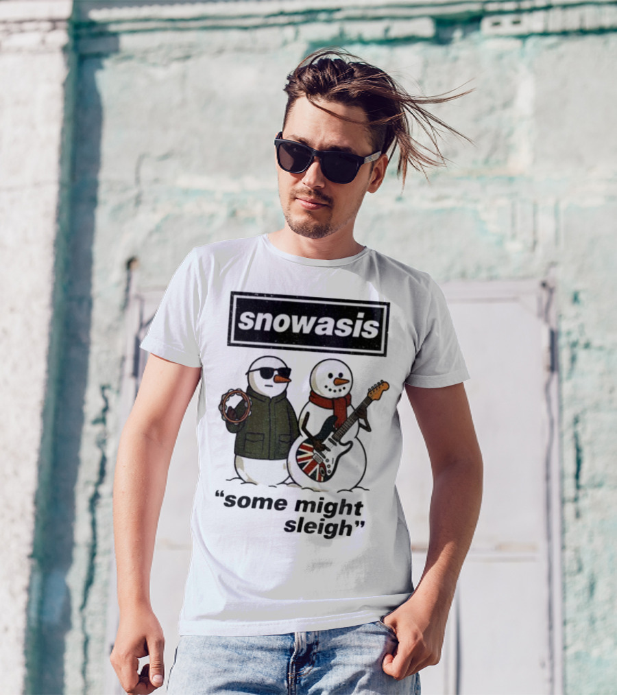 Snowasis Some Might Sleigh Christmas Snowmen With Guitars And Tambourine T-Shirt