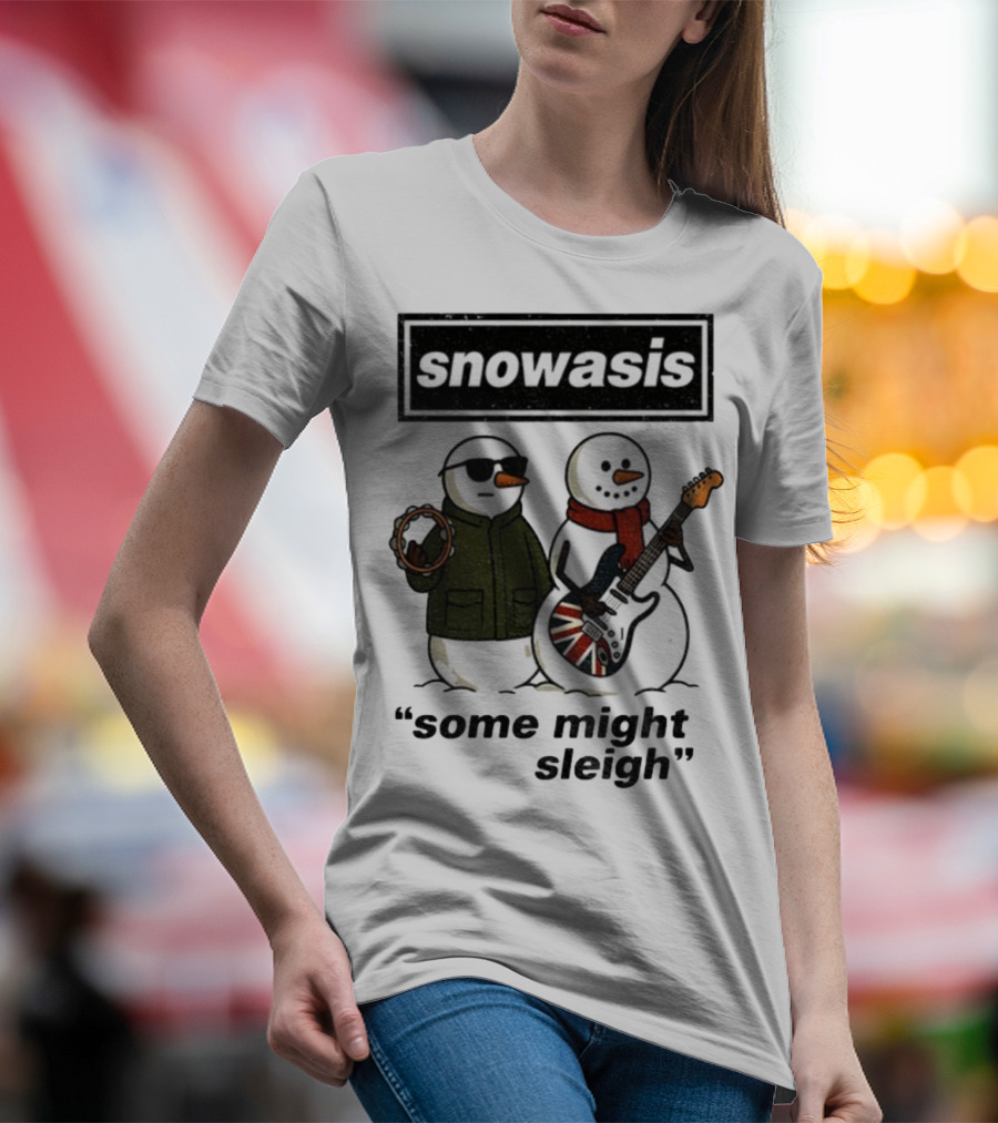 Snowasis Some Might Sleigh Christmas Snowmen With Guitars And Tambourine T-Shirt