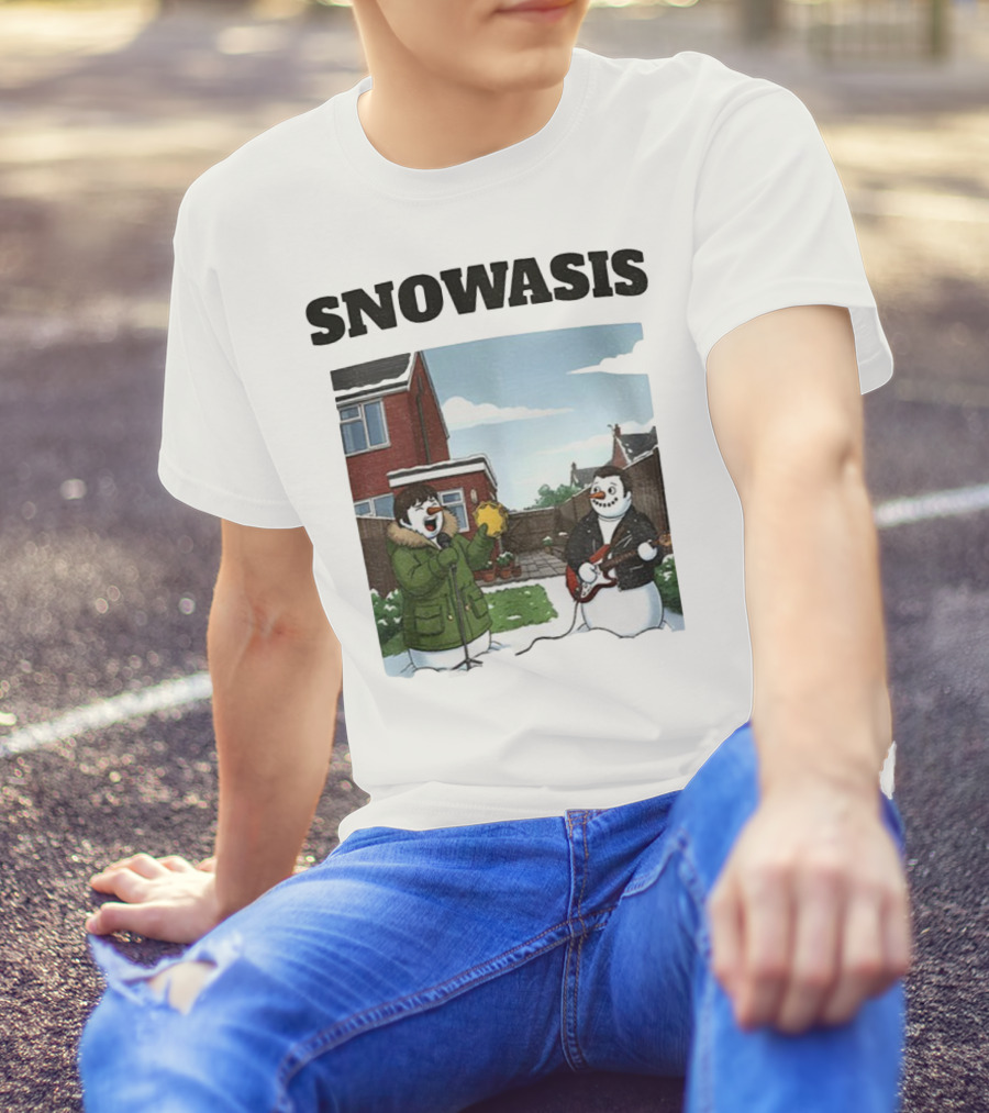 Snowasis Snowman Winter Oasis Vintage Guitar Tambourine Scene T-Shirt