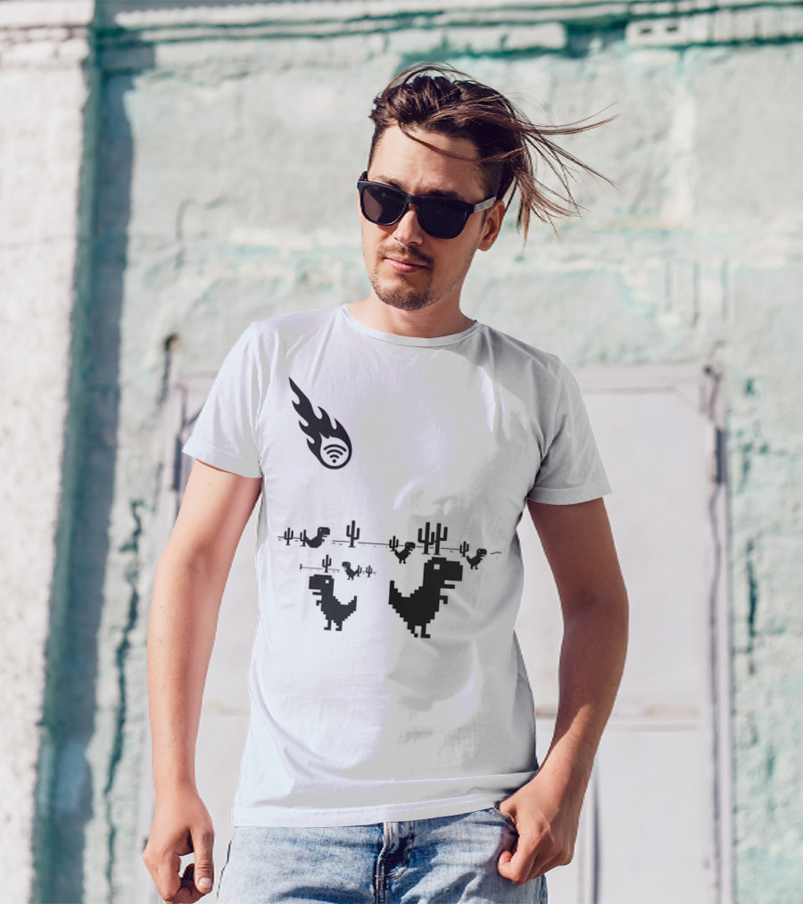 WiFi Meteor Extinction Dinosaur Game Pixel Art T-Shirt