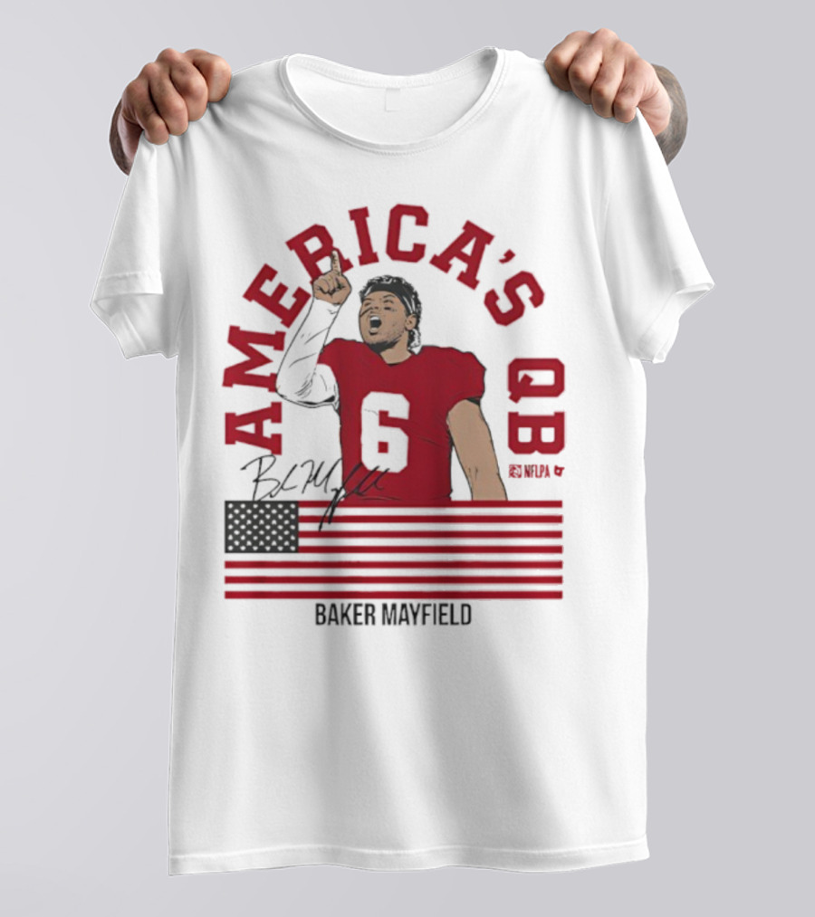 Baker Mayfield America's QB Number 6 USA Flag Signature T-Shirt