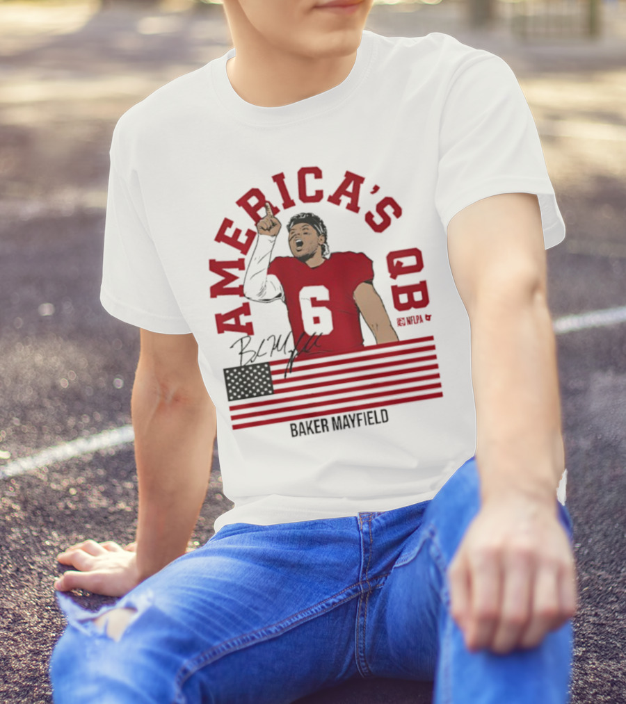 Baker Mayfield America's QB Number 6 USA Flag Signature T-Shirt