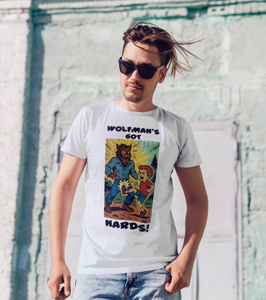 Wolfman’s Got Nards Vintage Comic Style Kid Kicking Wolfman T-Shirt