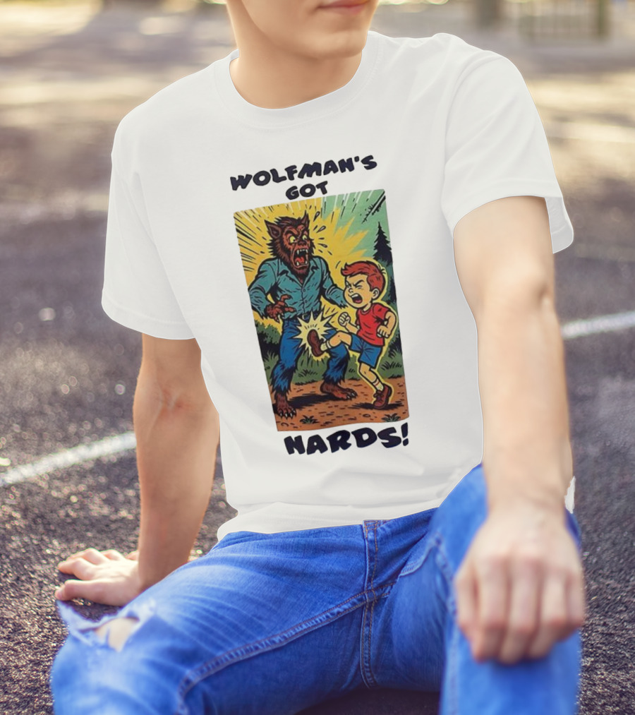 Wolfman’s Got Nards Vintage Comic Style Kid Kicking Wolfman T-Shirt