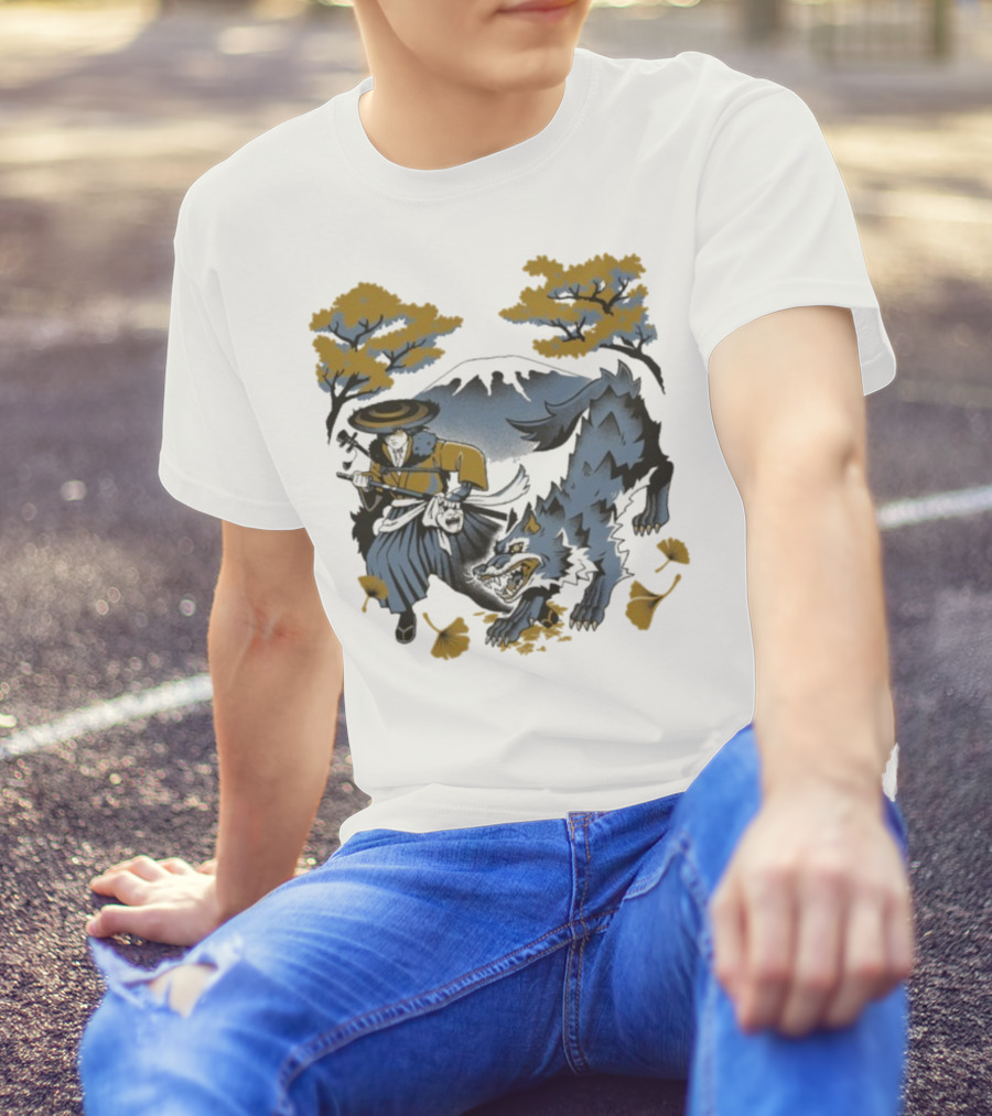 Ghost Of Yotei The Hunters Ukiyo-e Warrior With Wolf Mythical Scene T-Shirt