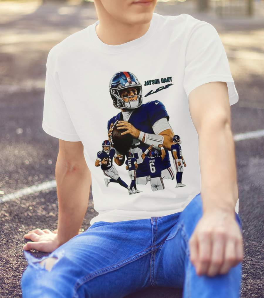 Jaxson Dart New York Giants NFL Football Signature Quarterback Action T-Shirt