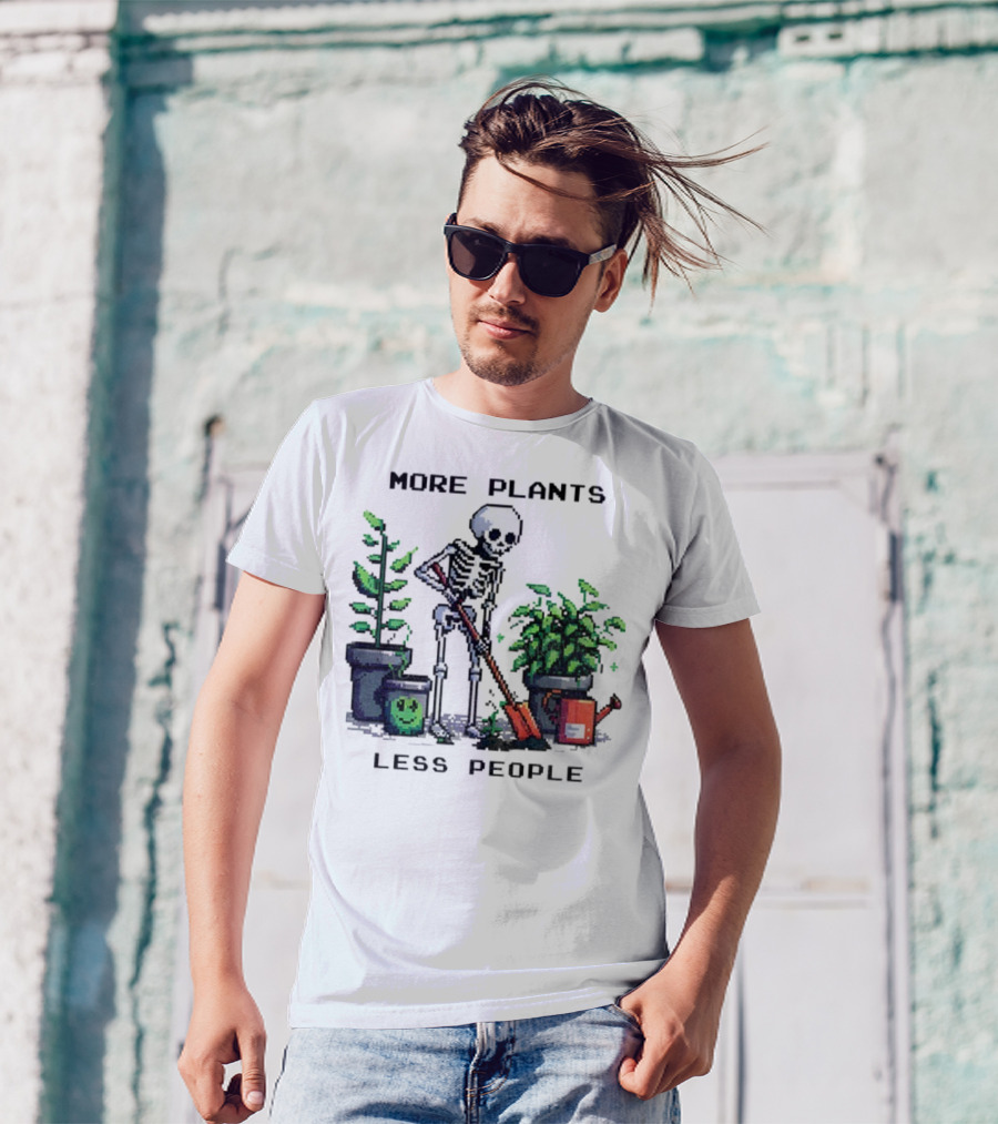 Skeleton Gardening More Plants Less People Pixel Art T-Shirt