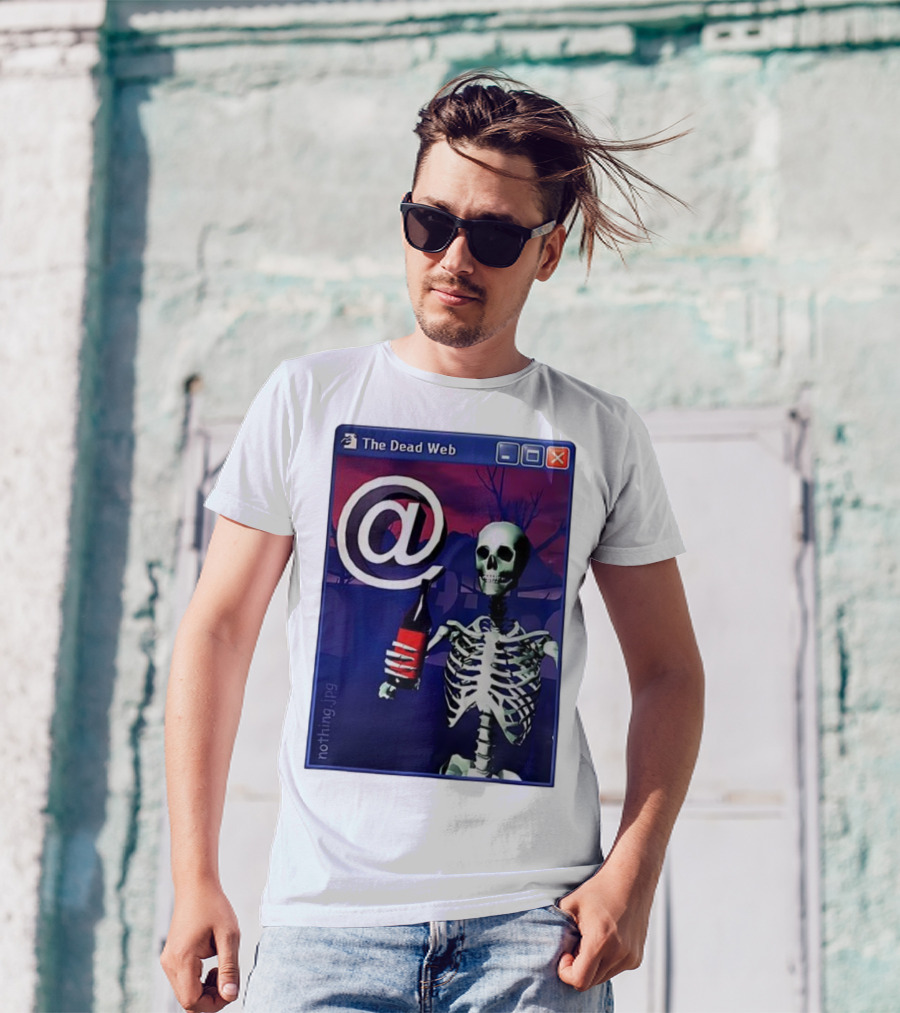 The Dead Web Skeleton With At Symbol And Bottle In Windows Frame Nothing.jpg T-Shirt
