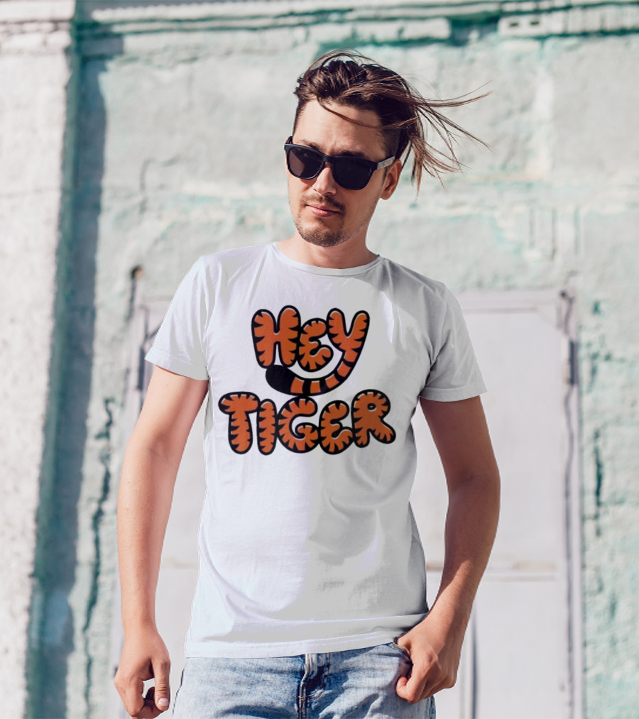 Cincinnati Bengals Hey Tiger Striped Bubble Letter Tiger Tail Pattern T-Shirt