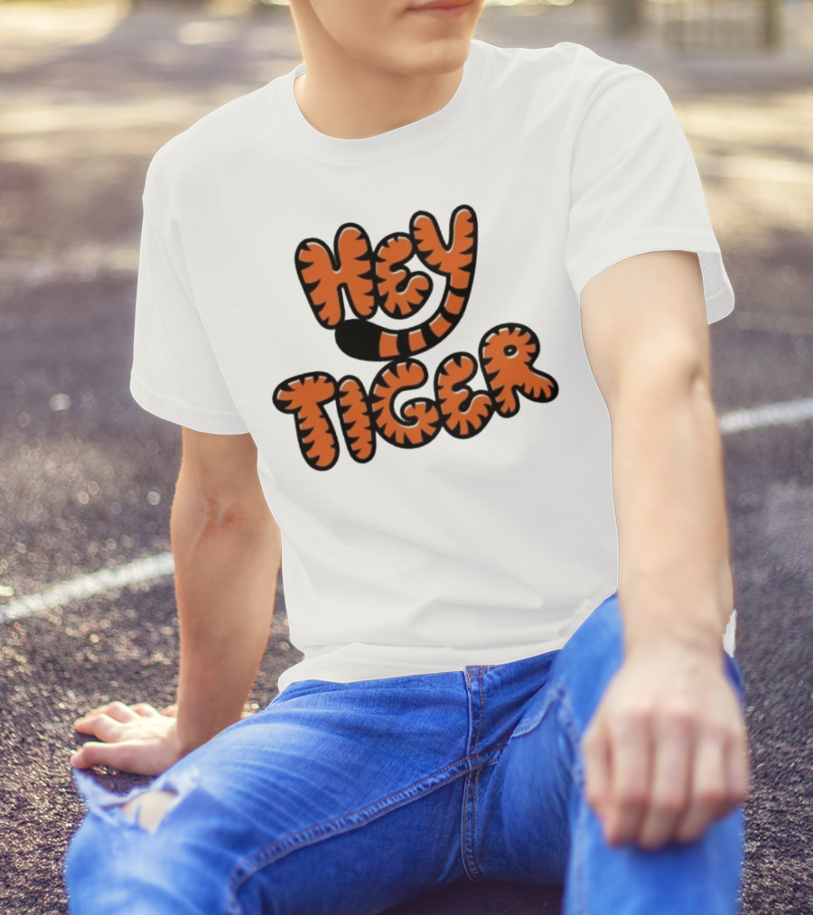Cincinnati Bengals Hey Tiger Striped Bubble Letter Tiger Tail Pattern T-Shirt