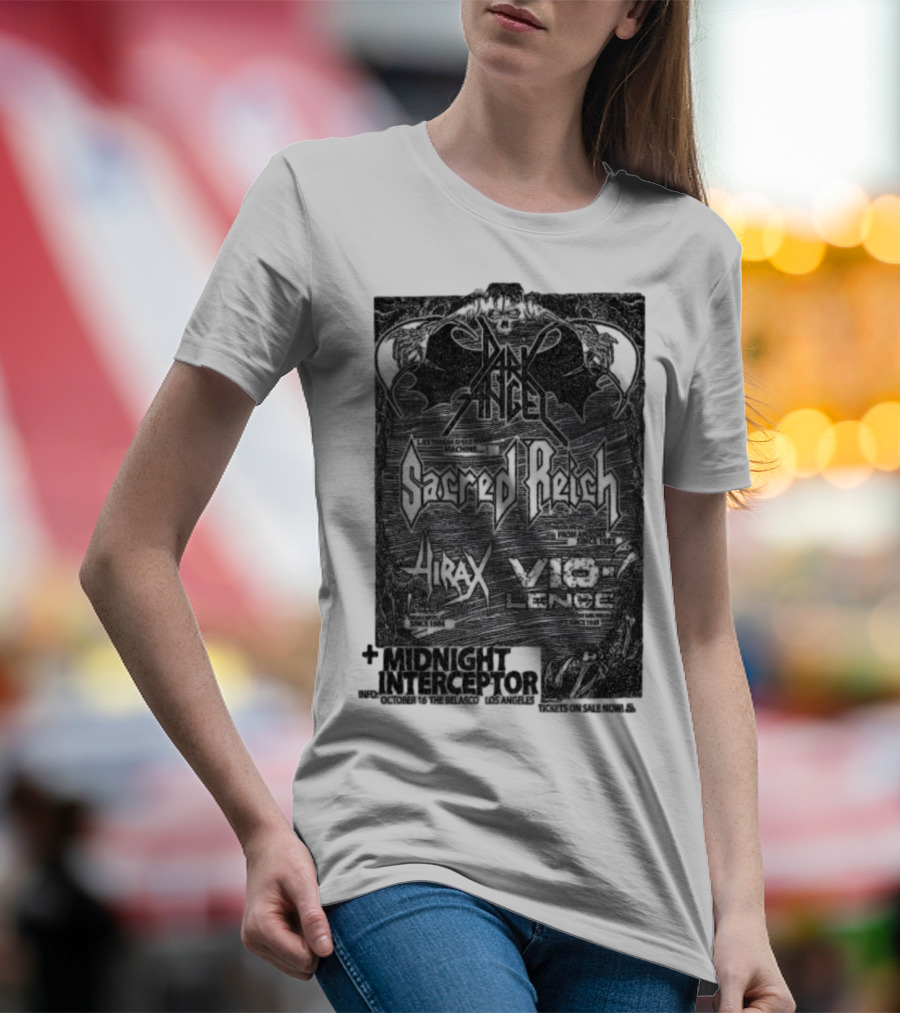 Dark Angel Sacred Reich Hirax Vio-Lence Midnight Interceptor The Belasco Los Angeles October 16 2025 T-Shirt
