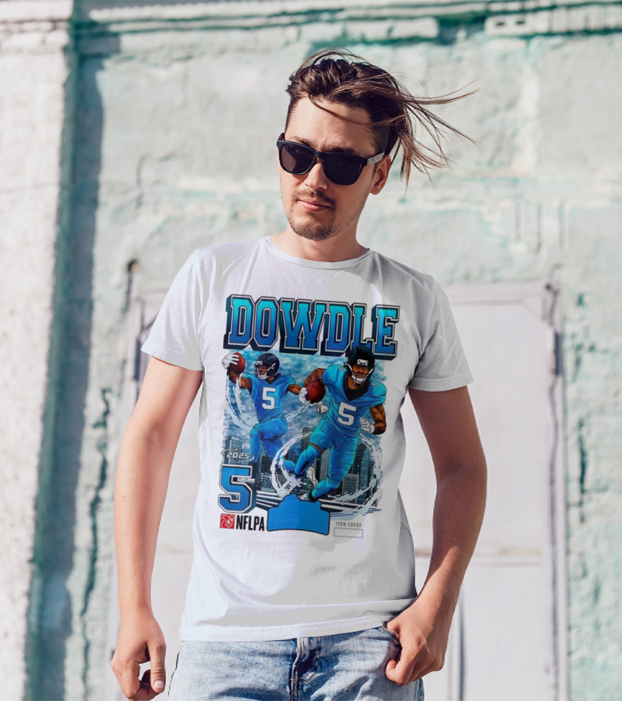 Rico Dowdle Carolina Panthers 2025 Number 5 Skyline NFLPA T-Shirt