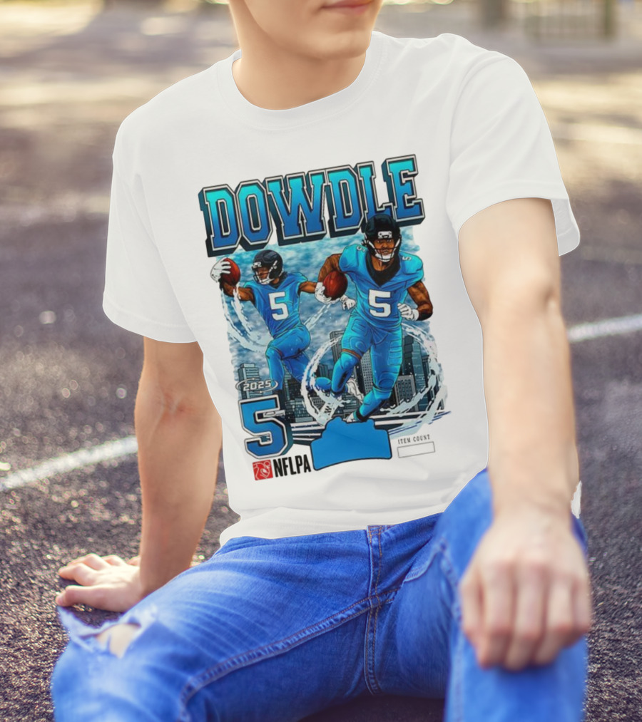 Rico Dowdle Carolina Panthers 2025 Number 5 Skyline NFLPA T-Shirt
