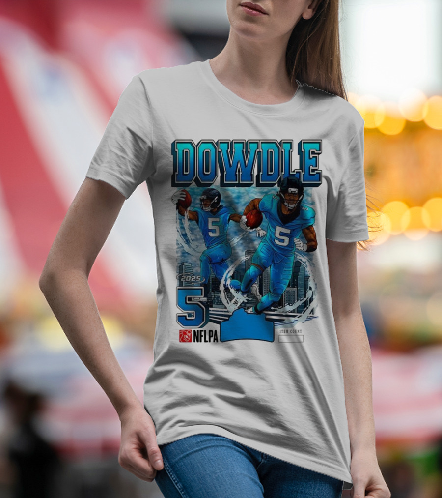 Rico Dowdle Carolina Panthers 2025 Number 5 Skyline NFLPA T-Shirt