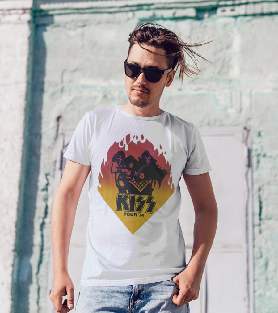 Kiss Tour ’74 Fire Logo Midday Sun Band Members T-Shirt