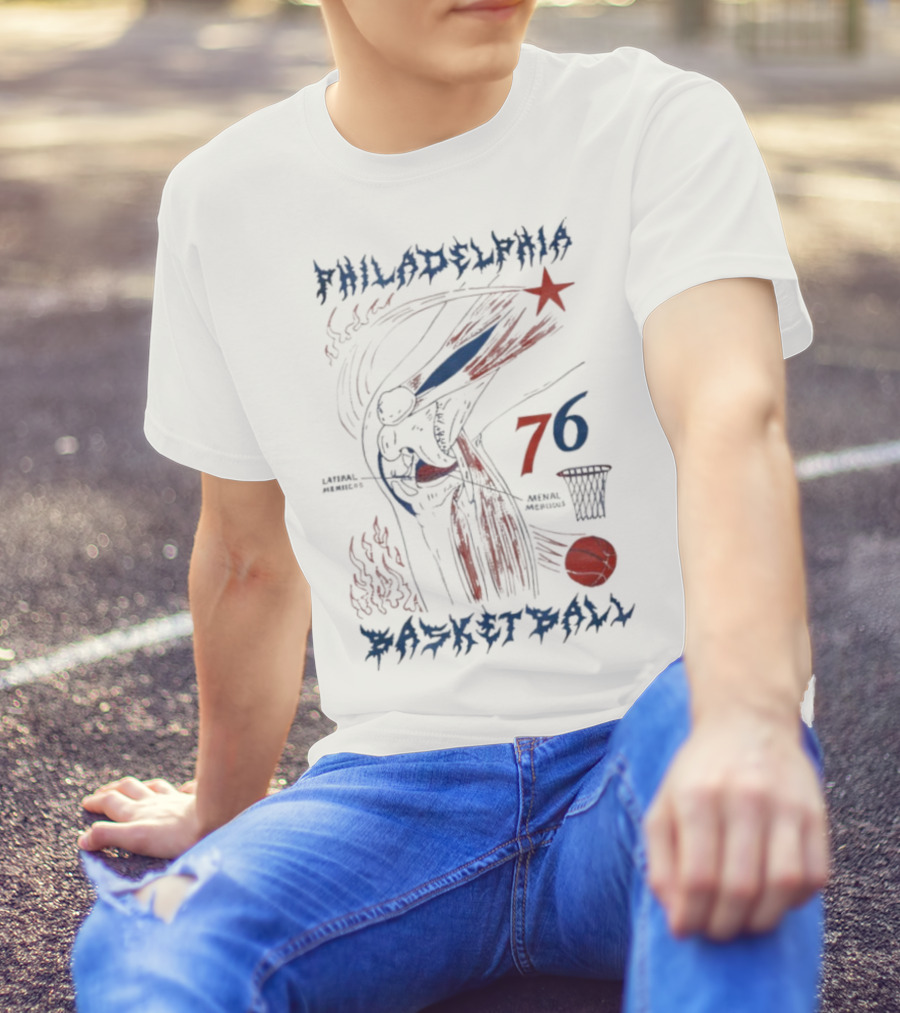 Philadelphia Basketball Red Blue Artistic 76 Star Knee Sketch T-Shirt