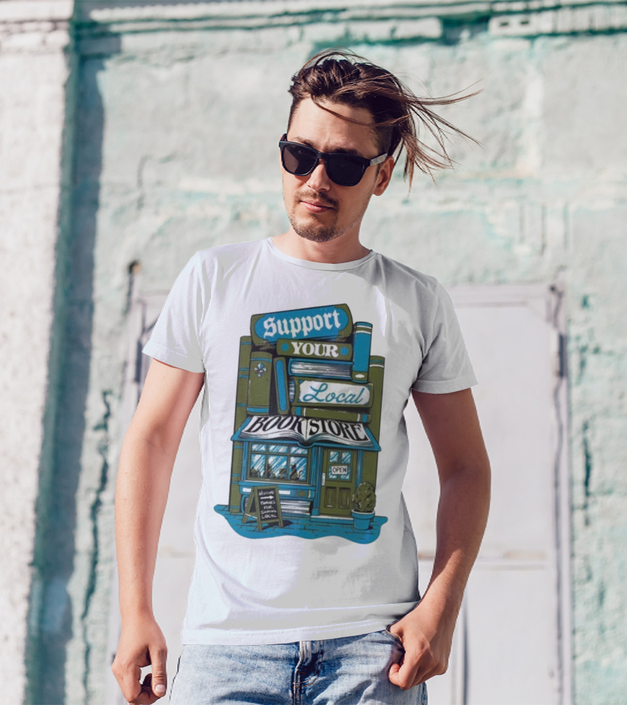 Support Your Local Bookstore Open Vintage Bookshelf Design T-Shirt