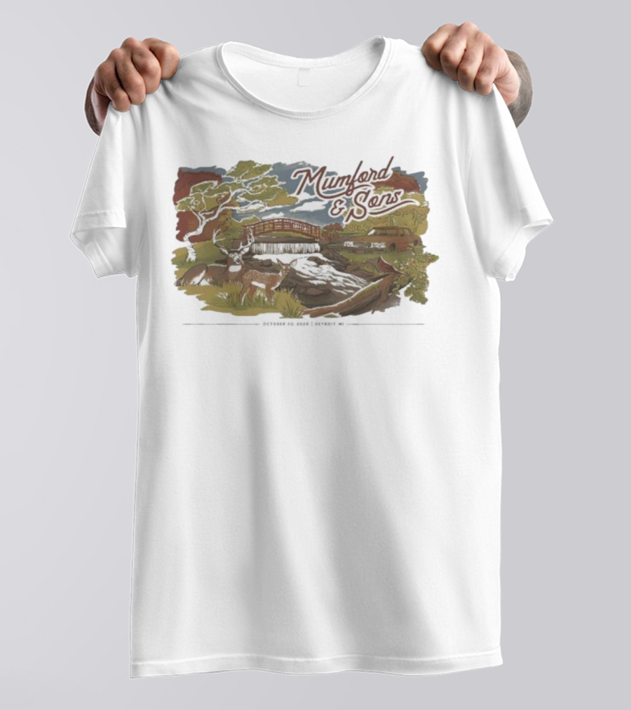 Mumford & Sons Little Caesars Arena Detroit MI October 20 2025 Deers Bridge And Stream Scene T-Shirt