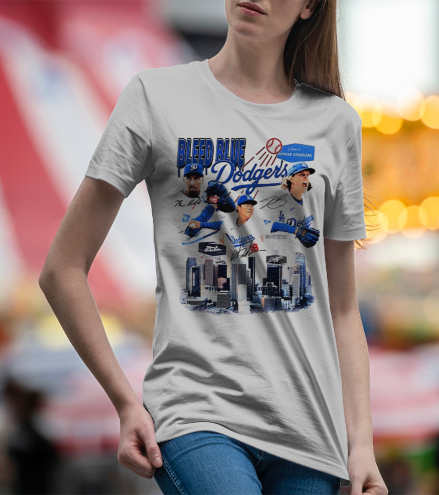 Bleed Blue Dodgers Shohei Ohtani Mookie Betts Yoshinobu Yamamoto Los Angeles Signatures Dodger Stadium T-Shirt