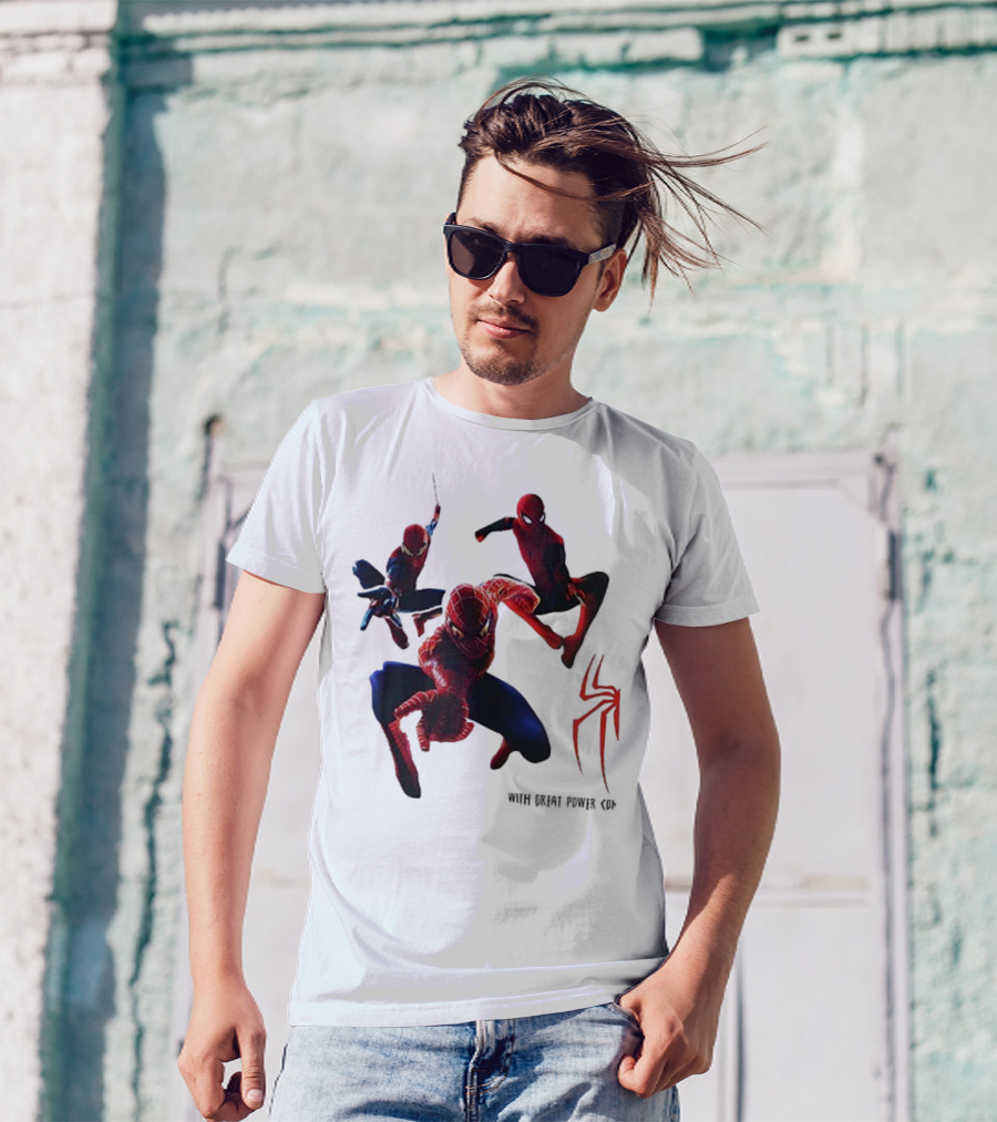 Spider Man Daily Bugle With Great Power Comes Great Responsibility Spider Logo Trio Suit Styles T-Shirt