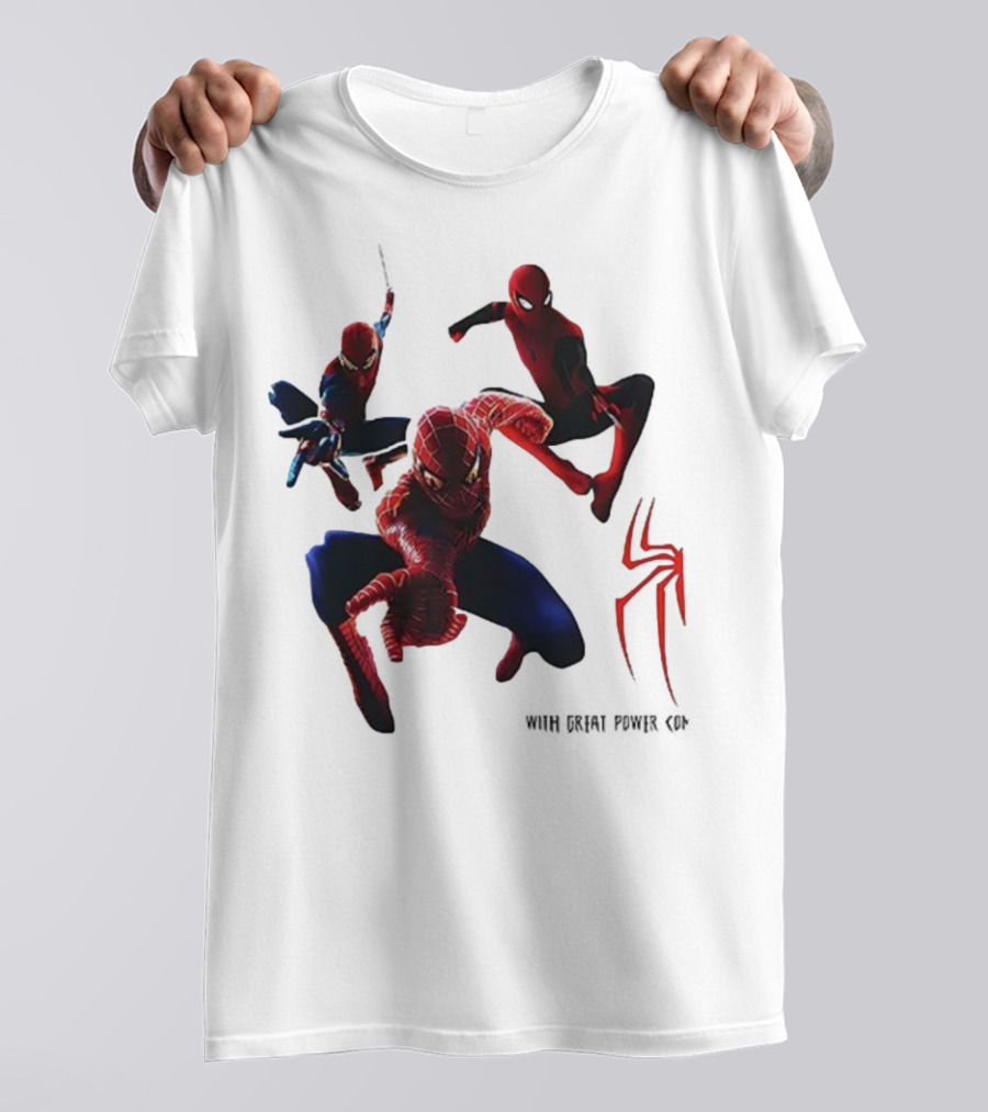 Spider Man Daily Bugle With Great Power Comes Great Responsibility Spider Logo Trio Suit Styles T-Shirt