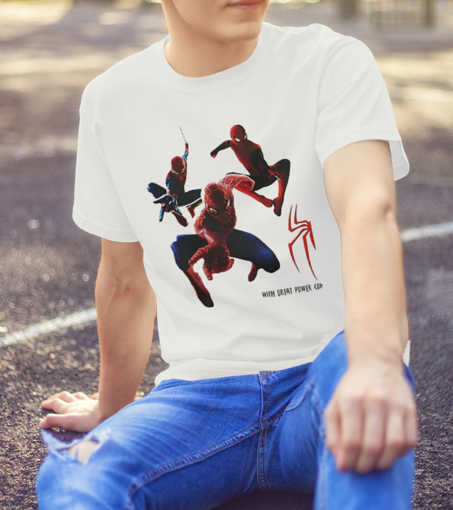 Spider Man Daily Bugle With Great Power Comes Great Responsibility Spider Logo Trio Suit Styles T-Shirt